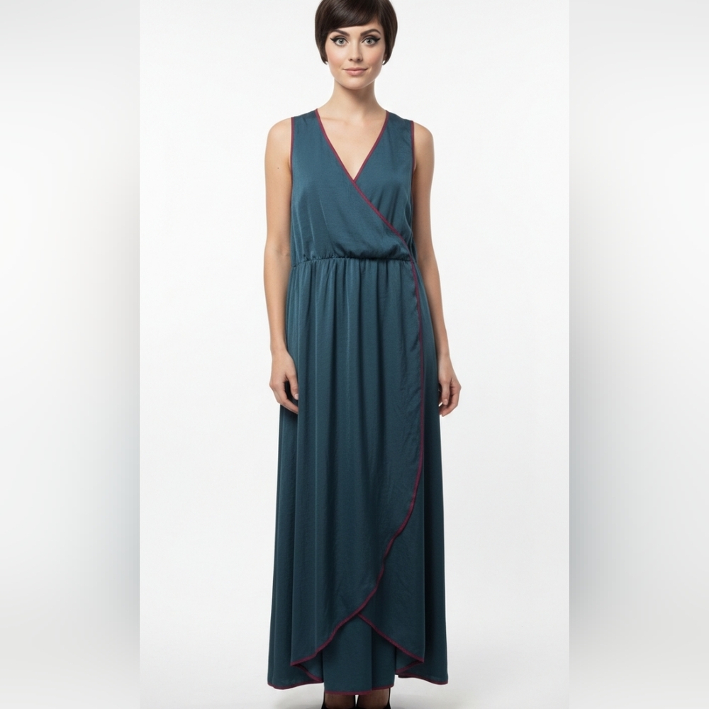 Modcloth Certainly Seventies Dress Sleeveless Green Maxi Faux Wrap XL